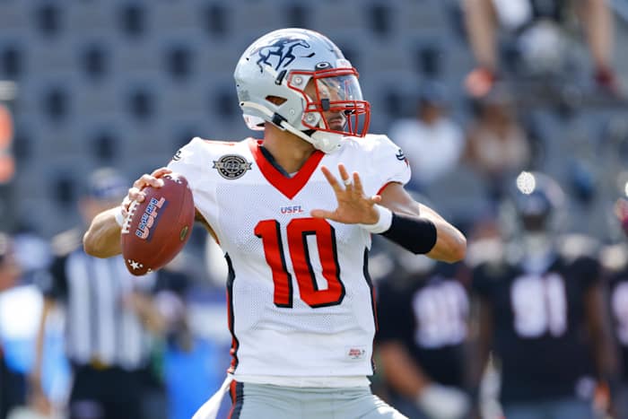Apr 30, 2022; Birmingham, AL, USA; Tampa Bay Bandits quarterback Jordan Ta'amu (10) throws against the Houston Gamblers during the first half at Protective Stadium. Mandatory Credit: Vasha Hunt-USA TODAY Sports